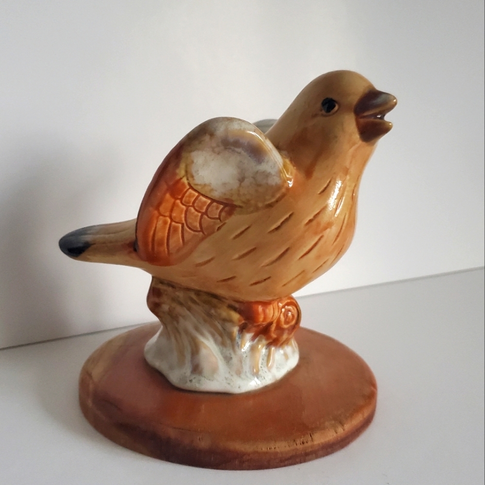 Vintage Young Bird Ceramic Figurine Bird Perched on a Teak Wood Base Nature